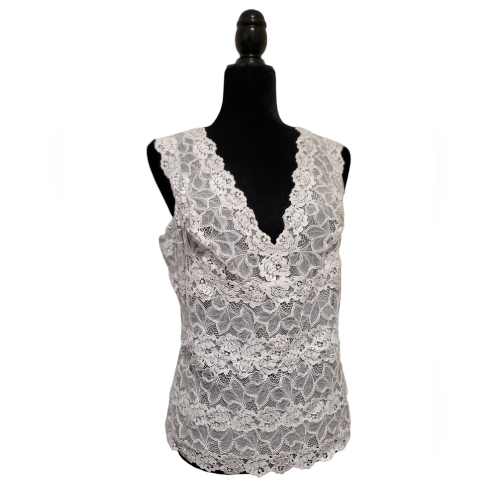 Josie Natori New With Tags White Lace V Neck Tank Top XL